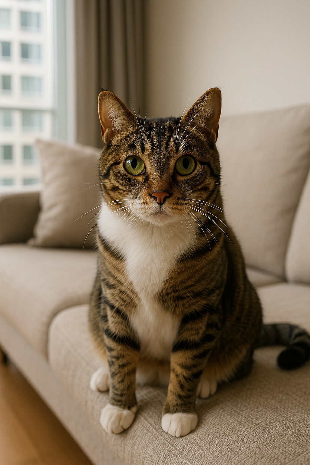 한국에서 가장 흔하게 볼 수 있는 고양이 이미지를 사진처럼 그려줘, 그리고 아파트의 거실, 소파를 배경으로 해줘