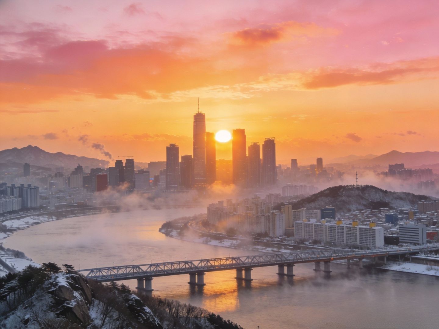 한강과 도심 전경 위로 떠오르는 서울 근교 아차산 해돋이
