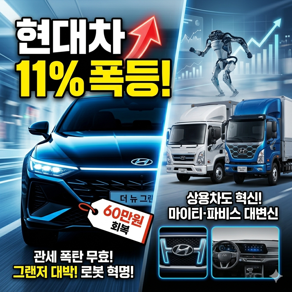 현대차 주가가 11% 이상 폭등하며 '60만 원 선'을 단숨에 회복했다는 소식을 시각적으로 강렬하게 전달하는 썸네일입니다. 이미지 왼쪽에는 현대차 로고와 함께 '11%+ 폭등!'이라는 문구가 큰 글씨로 강조되어 있으며, 오른쪽에는 주가 상승을 상징하는 역동적인 화살표와 함께 '더 뉴 그랜저' 및 '아틀라스' 로봇의 모습이 배경으로 삽입되어 있습니다. 미국 관세 무효 판결과 로봇 기술력에 대한 기대감이 복합적으로 작용하여 주가가 급상승했음을 직관적으로 보여주며, 클릭률을 높이는 데 효과적입니다.
