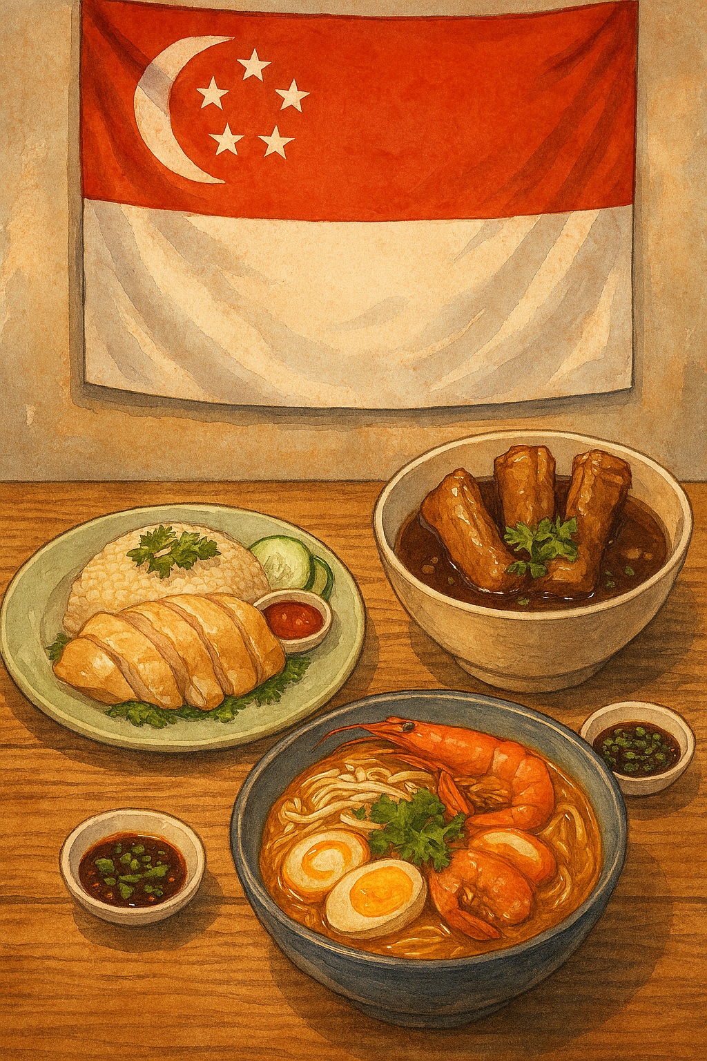 하이난식 치킨라이스, 락사, 바쿠테가 올라간 테이블과 인도네시아 국기 배경