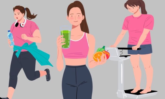 다이어트를 위해 운동하고 식단을 관리하는 여성들과 체중계를 확인하며 고민하는 여성의 모습