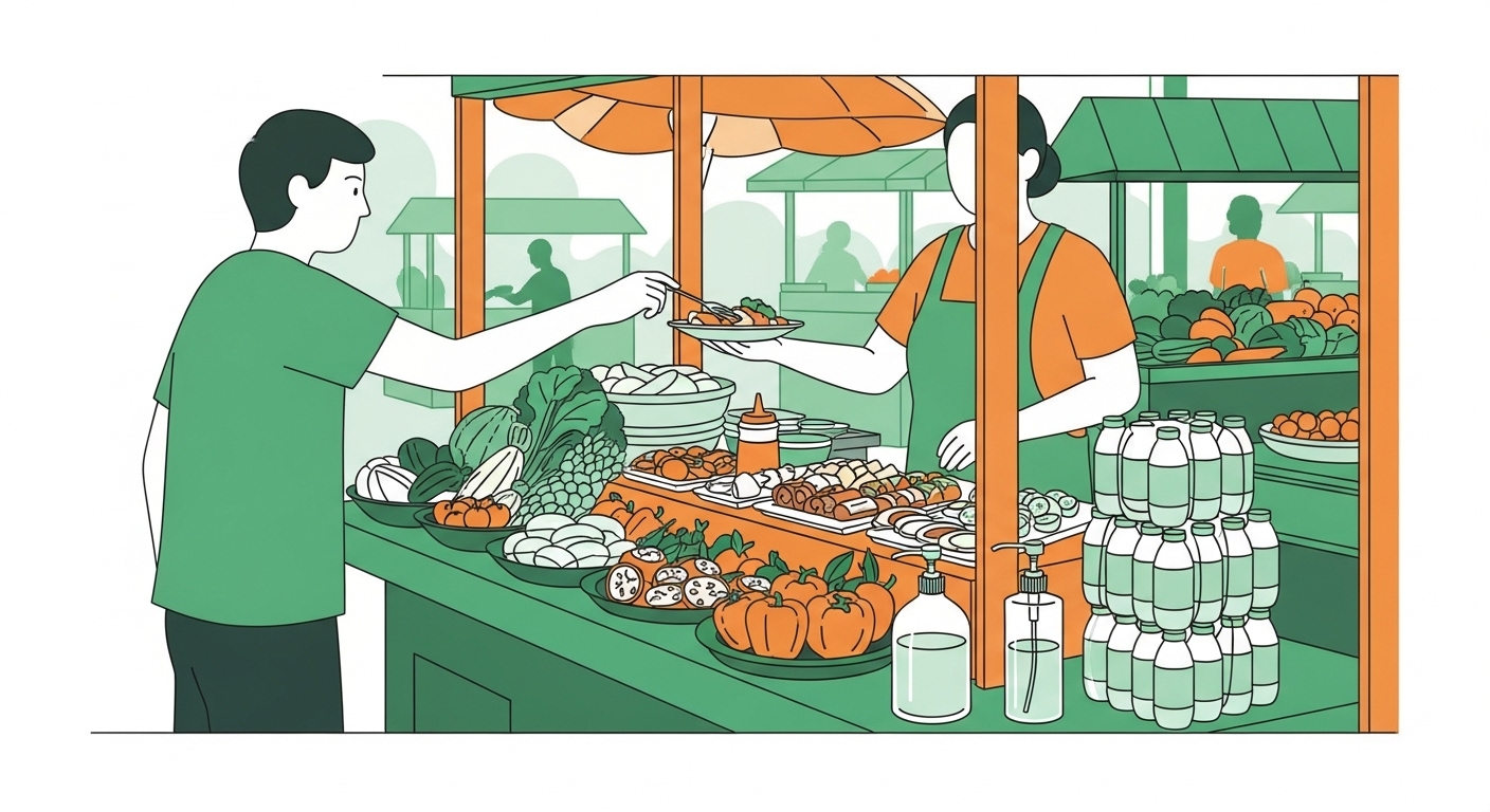 활기찬 해외 시장에서 위생에 유의하며 길거리 음식을 고르는 여행자, 손 소독제와 포장된 물이 함께 보이는 모습.