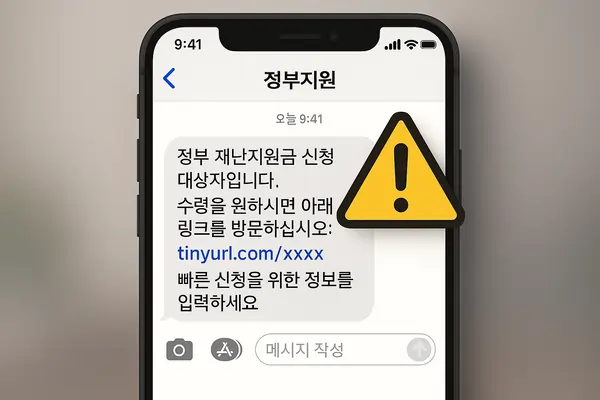 스마트폰 화면에 '정부지원'이라는 발신자명으로 재난지원금 신청을 유도하는 스미싱 문자 메시지와 경고 아이콘이 표시된 모습.