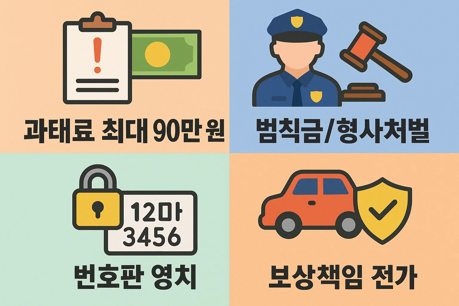 자동차 책임보험 미가입 시 부과되는 과태료 최대 90만 원, 범칙금 및 형사처벌, 번호판 영치, 보상책임 전가 사례를 담은 인포그래픽