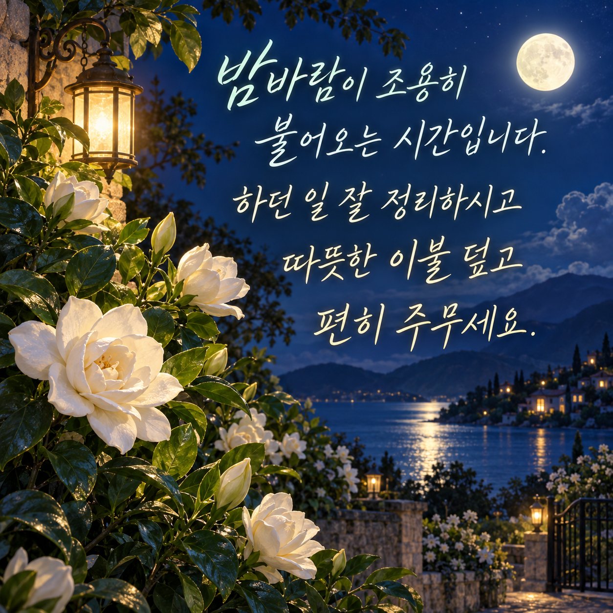 저녁에 보내는 카톡 인사말 이미지 29 — 밤바람이 조용히 불어오는 시간입니다. 하던 일 잘 정리하시고 따뜻한 이불 덮고 편히 주무세요.