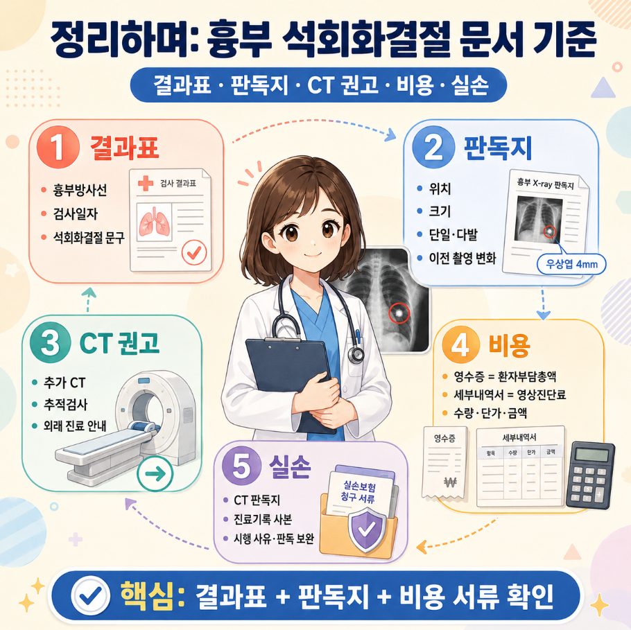 흉부 석회화결절 문서 기준을 결과표, 판독지, CT 권고, 비용, 실손 항목으로 요약 정리한 메디컬 인포그래픽 이미지