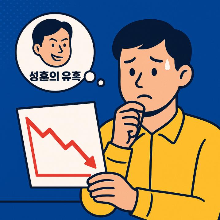 주가 하락 그래프를 들고 걱정하는 표정의 김대리. 머리 위 말풍선에는 웃고 있는 성훈의 얼굴과 '성훈의 유혹'이라는 텍스트가 떠올라 있으며, 김대리는 성급한 판단을 되짚는 듯한 모습을 하고 있다.