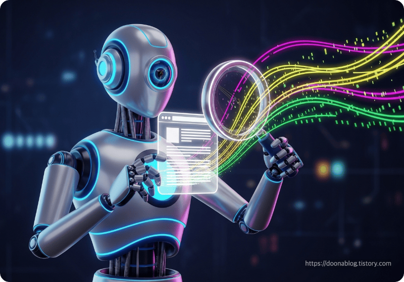 웹 페이지를 분석하는 AI 디지털 어시스턴트 로봇과 데이터 스트림 3D 렌더링