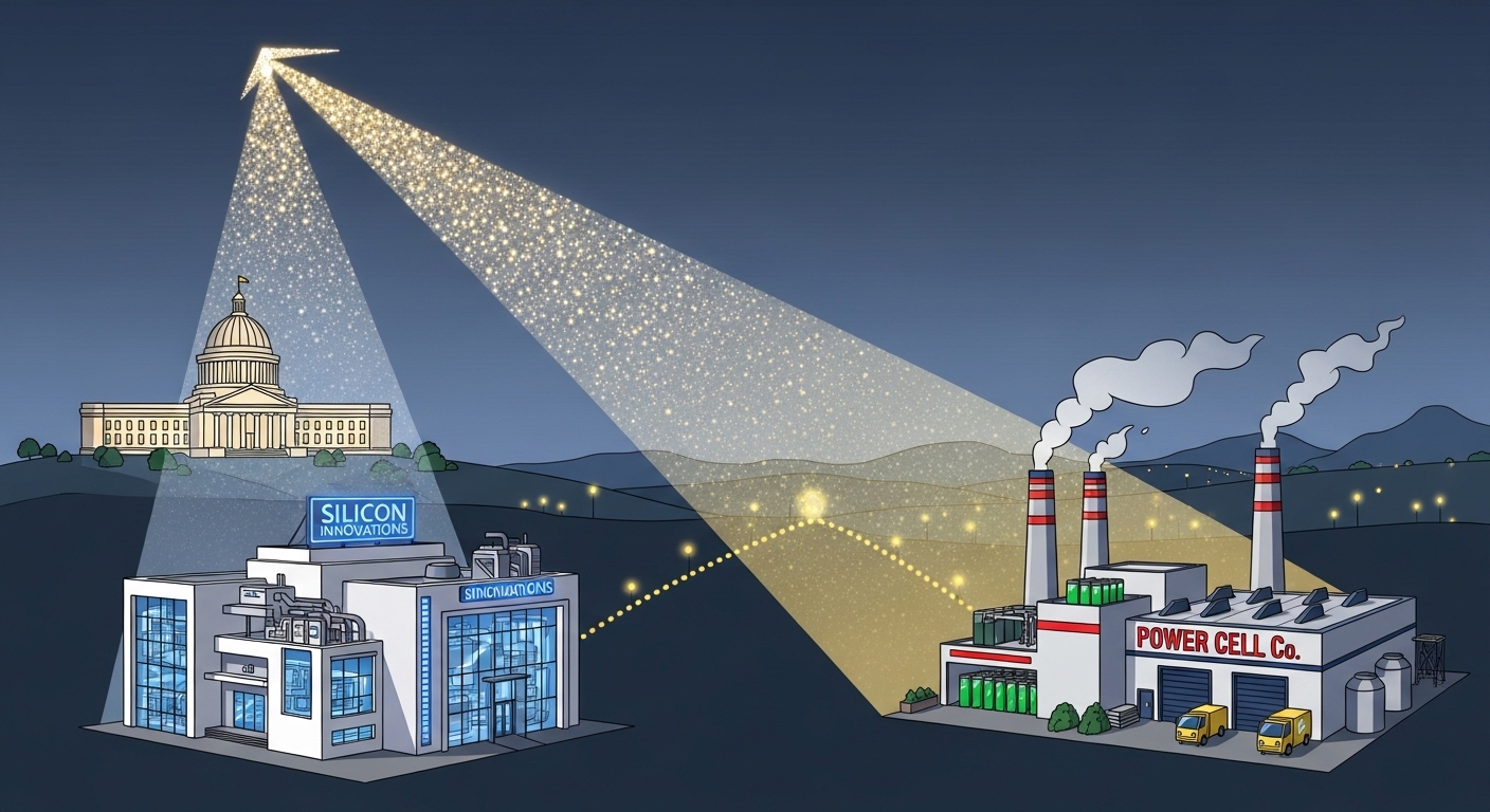 Illustration of a beam of light extending from a government building illuminating a semiconductor chip and battery factory.