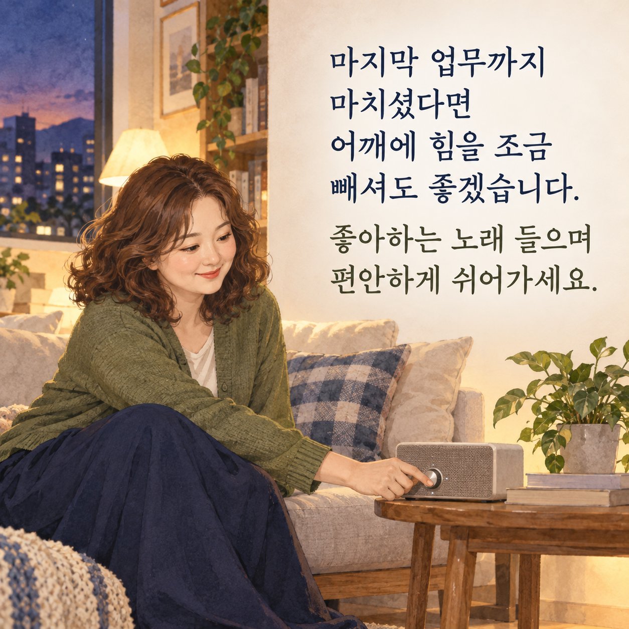 퇴근 후 쉬어가는 저녁 인사 이미지 3 — 마지막 업무까지 마치셨다면 어깨에 힘을 조금 빼셔도 좋겠습니다. 좋아하는 노래 들으며 편안하게 쉬어가세요.