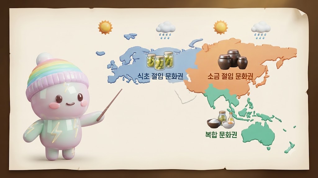 쫀쿠가 세계 지도를 배경으로 '발효 채소의 3대 문화권'을 설명하는 인포그래픽입니다. 유럽은 식초 절임 병이, 동아시아는 소금 항아리가, 동남아는 둘이 섞인 복합 문화 아이콘이 표시되어 있습니다. 기후 아이콘(태양과 비)이 권역별로 다르게 배치되어 있습니다