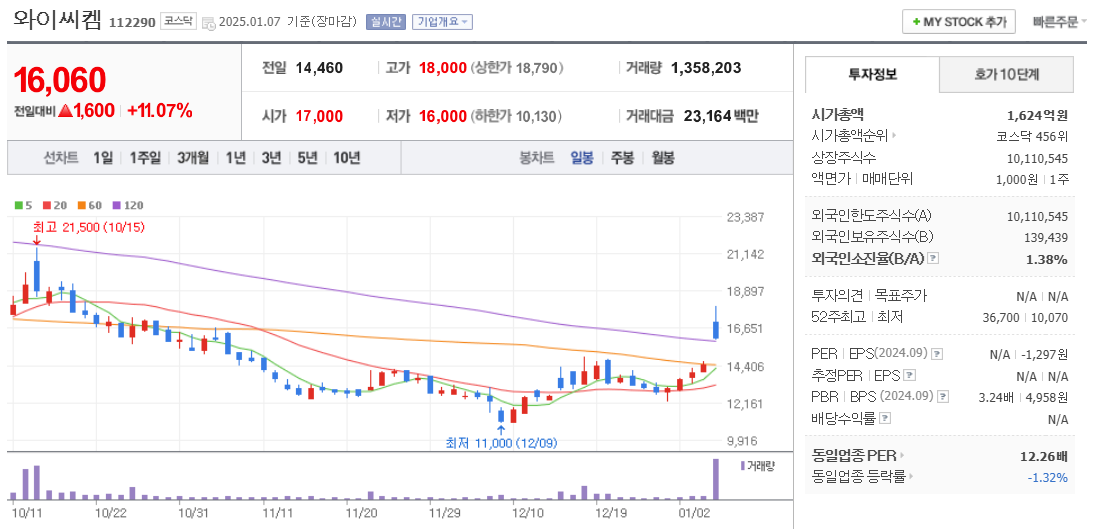 유리기판 관련주 와이씨켐 주가 차트