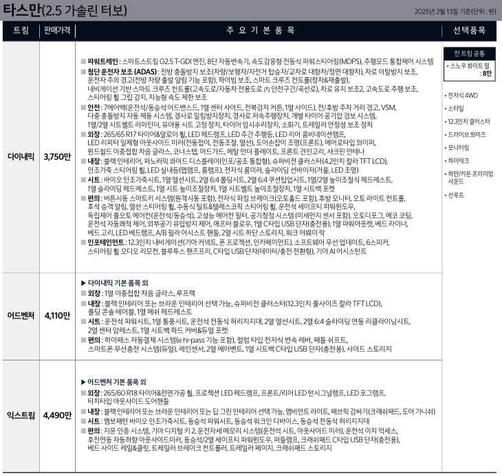 타스만 가격표