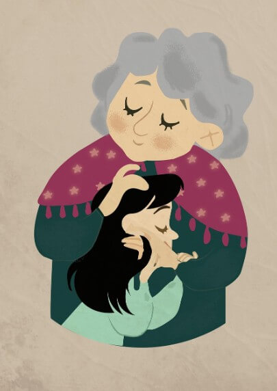 나이가 많이 든 엄마와 딸이 안고 있는 모습