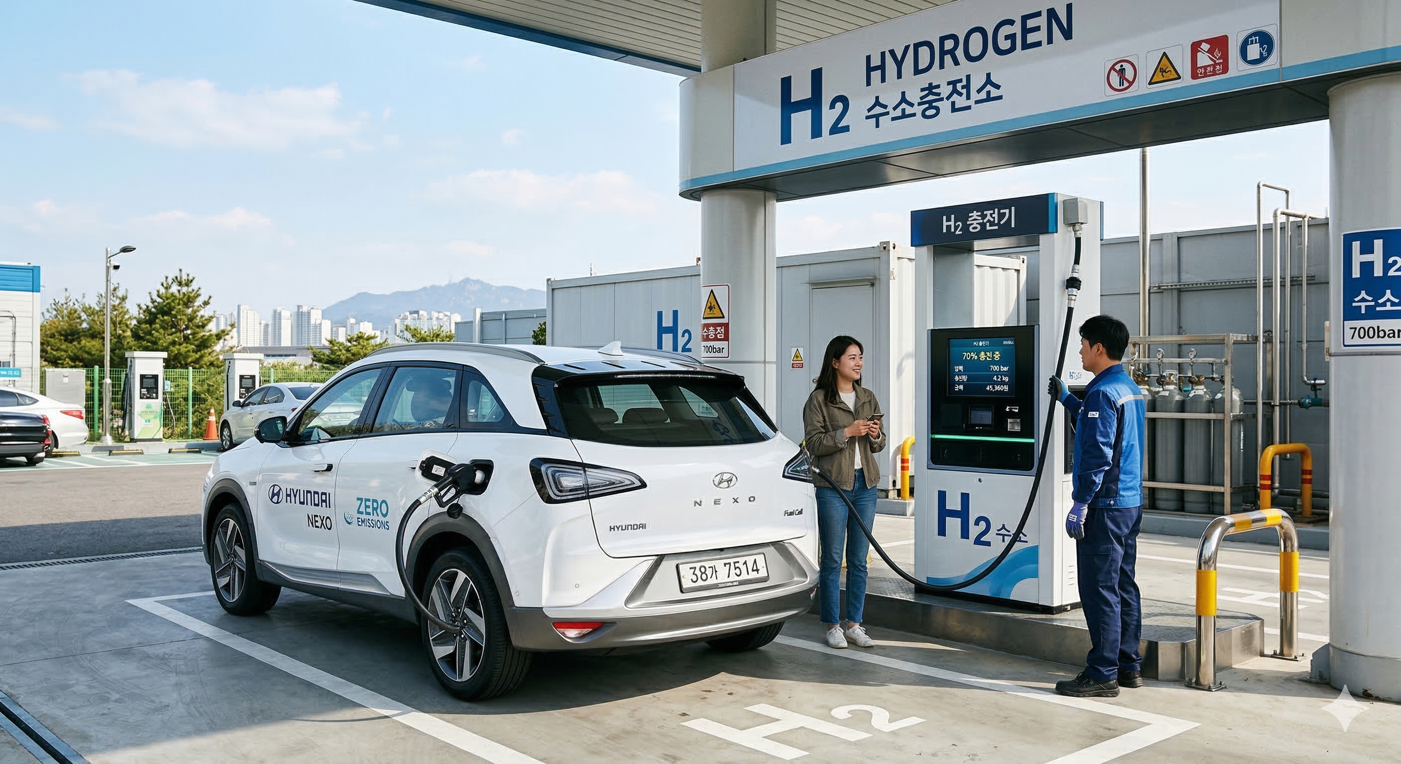 수소충전소에서 충전하는 차량