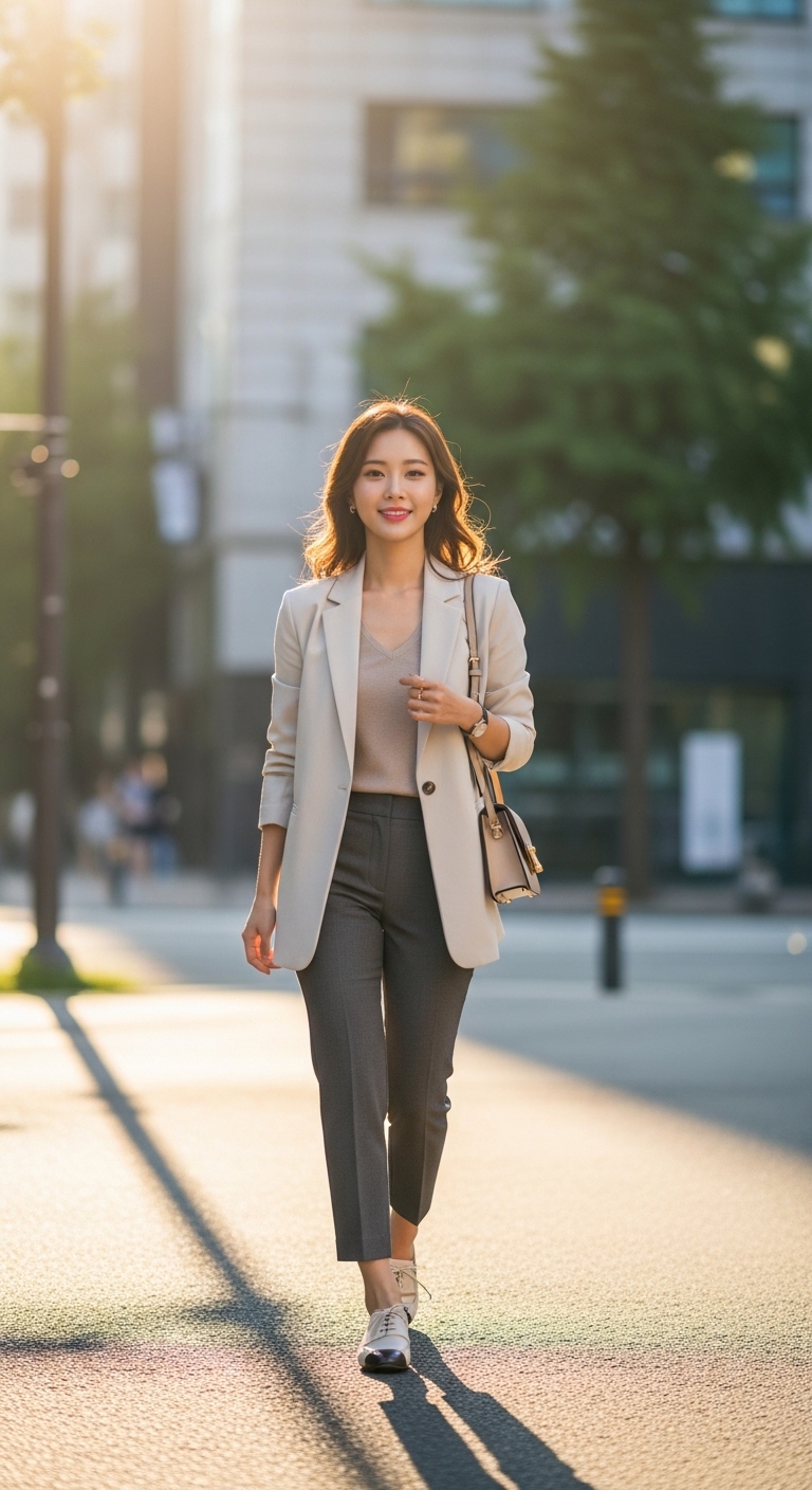 메이크업을 마치고 외출 준비를 끝낸 여성이 햇살 아래서 자신감 있게 걷는 모습