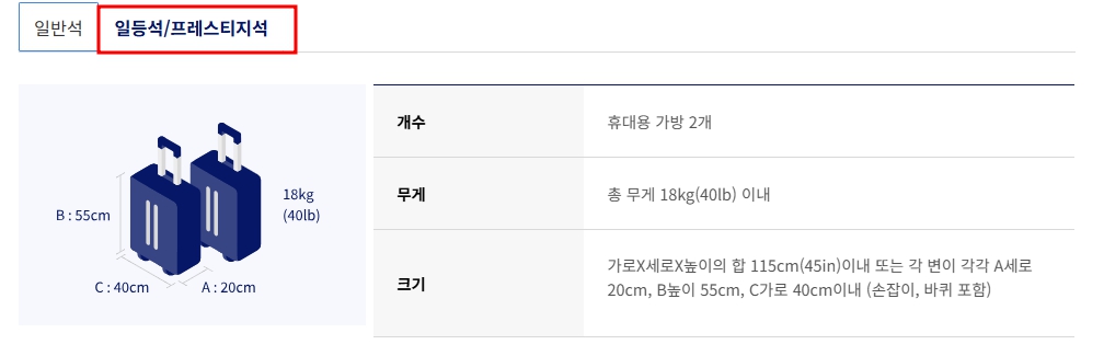 대한항공 기내 수하물 규정 허용 기준