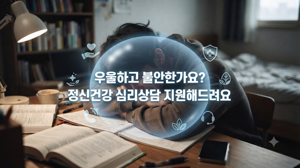 책상에 엎드려 울고 있는 청년. 우울한 모습