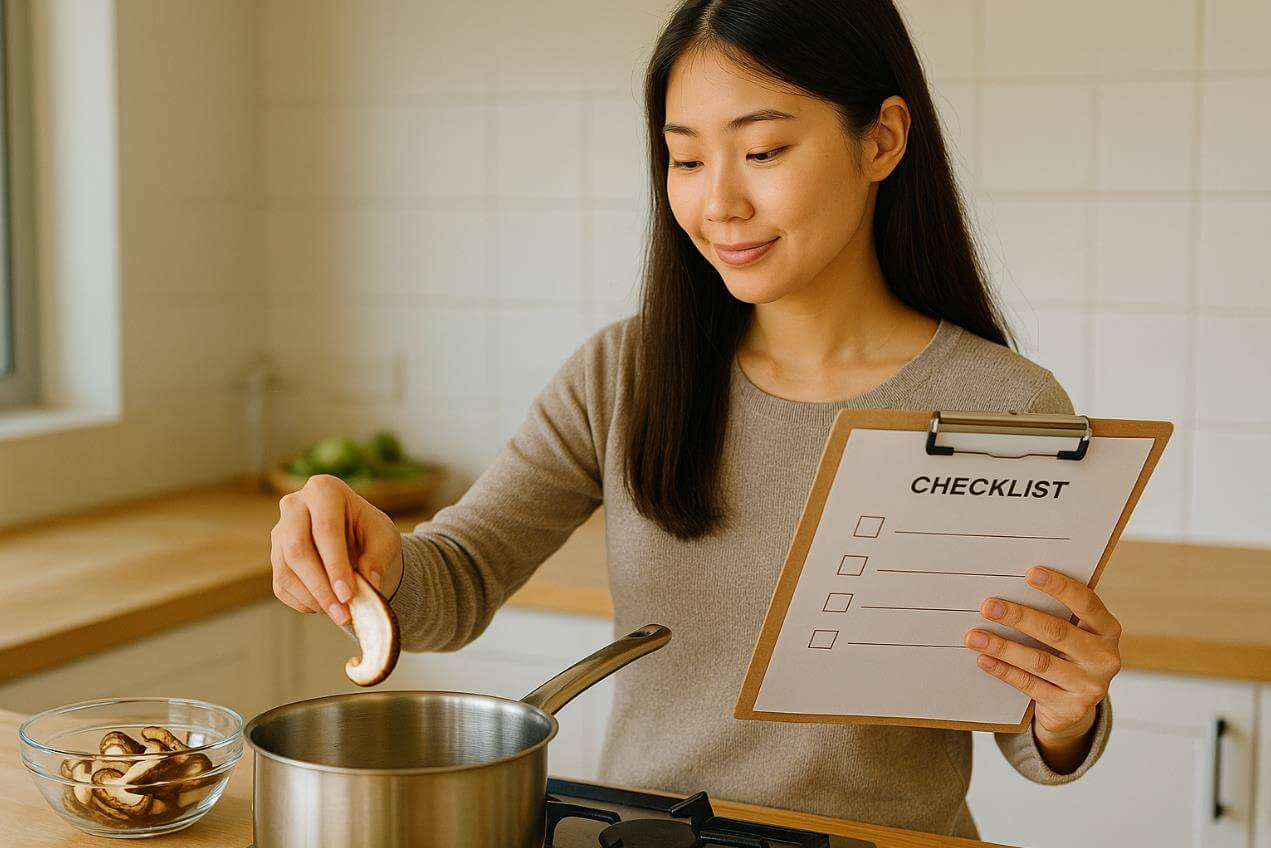 체크리스트를 들고 냄비에 표고버섯을 넣으며 조리 준비를 하는 여성의 모습.