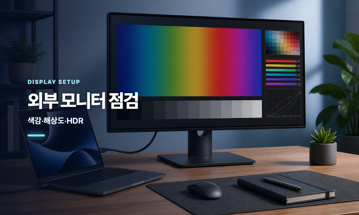 Windows PC와 Mac에 연결한 외부 모니터의 색감과 해상도를 점검하는 대표 이미지