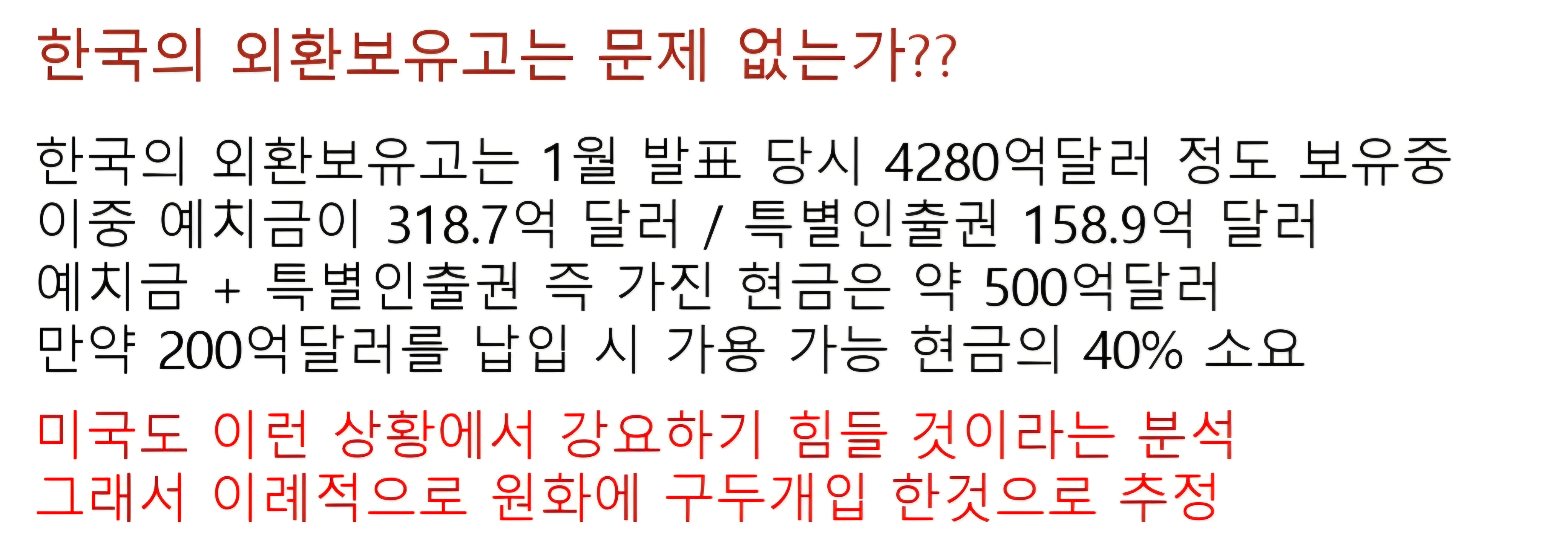 한국이 가지고 있는 즉시 투입 가능한 달러는
500억 달러 정도로 약속 한 200억 납입 시 500억중 40% 소요