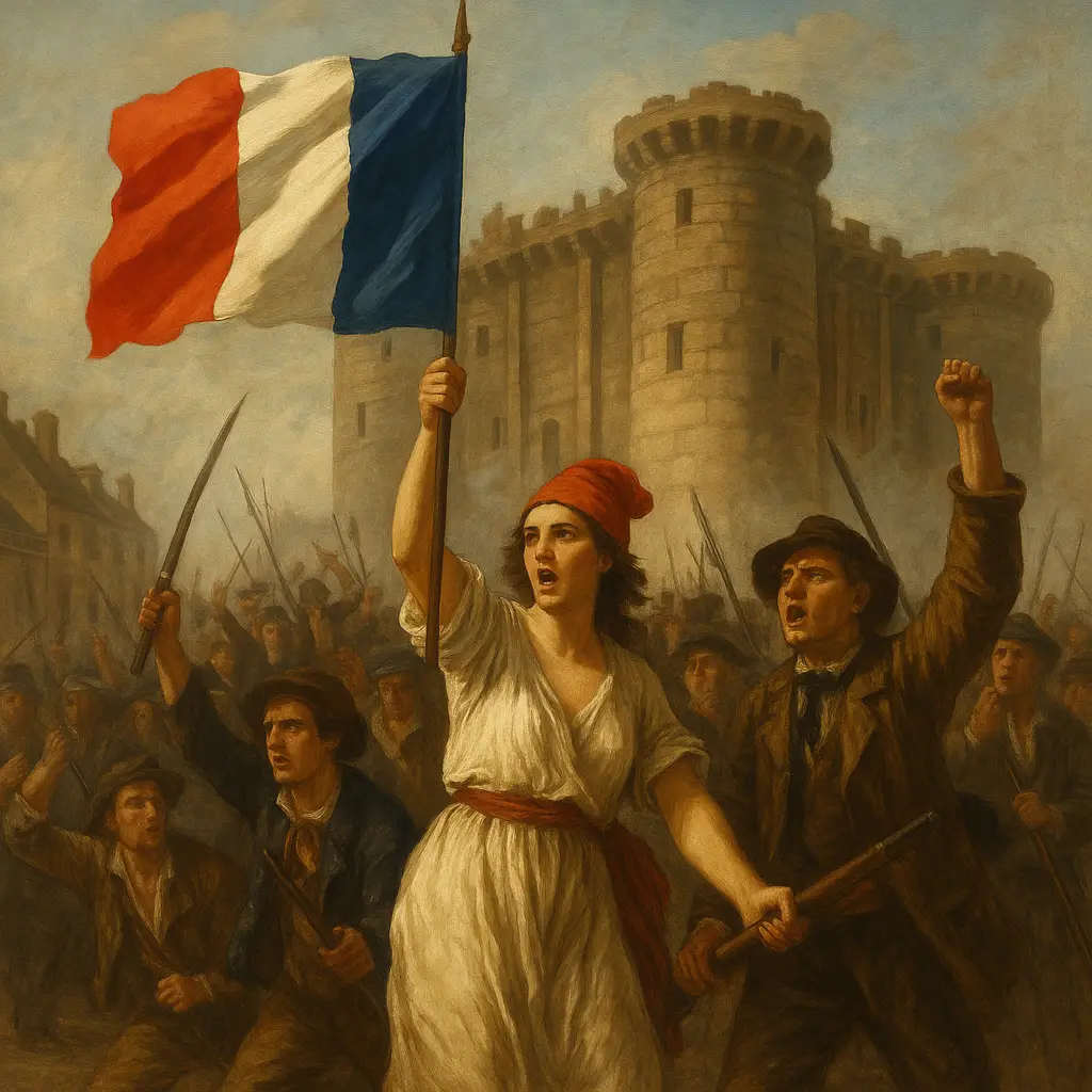 프랑스 혁명 당시 바스티유 감옥 앞에서 시민들이 삼색기를 들고 자유·평등·박애를 외치는 장면의 일러스트