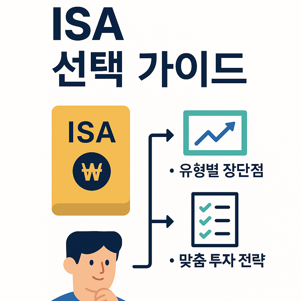 ISA 계좌 선택을 돕는 정보 이미지로, 유형별 장단점과 맞춤형 투자 전략을 시각적으로 설명한다