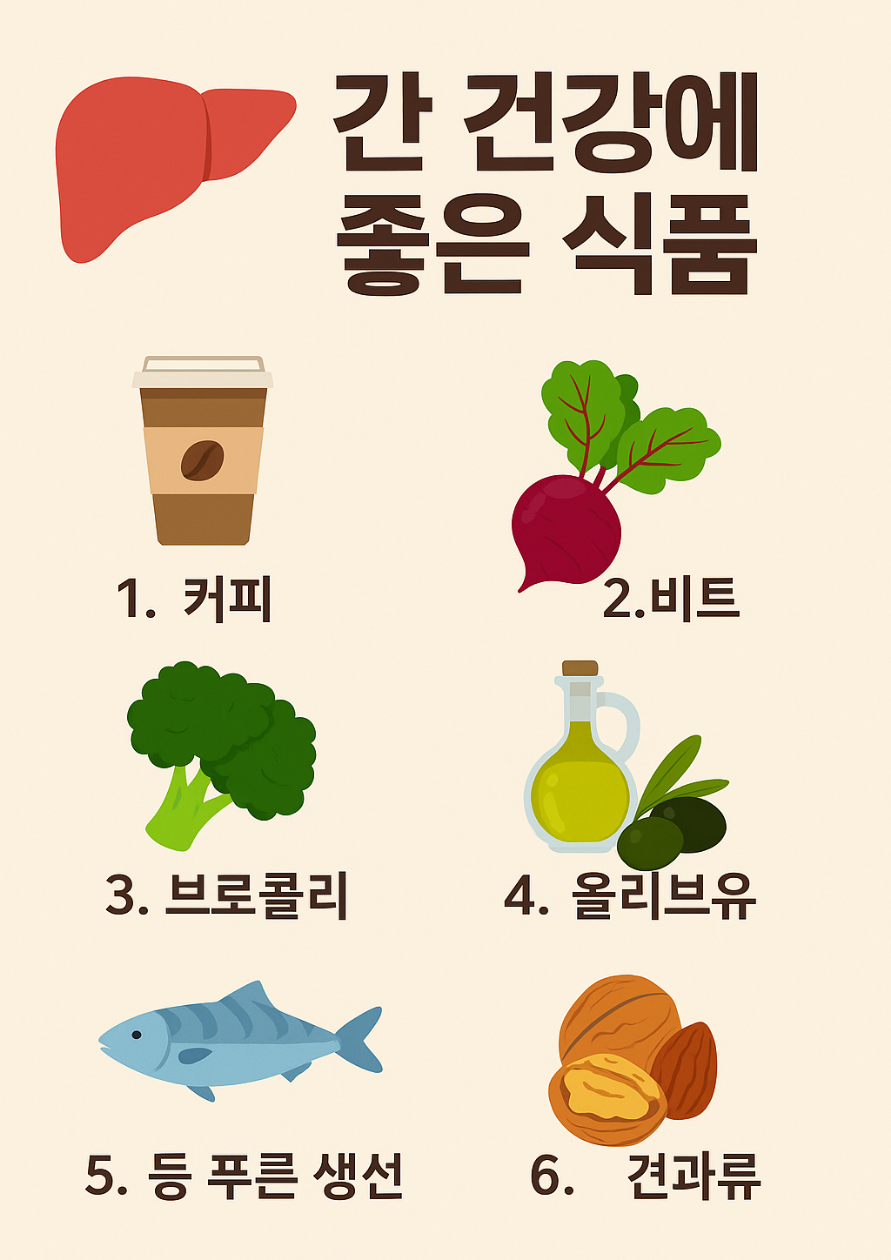 alt="간 건강에 좋은 식품 인포그래픽 – 브로콜리, 마늘, 비트, 아보카도, 강황, 녹차, 커피 등 간 해독과 피로 회복에 도움되는 음식 정리"