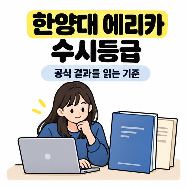 한양대 에리카 수시등급이라는 제목 아래 여학생이 노트북과 입시 자료를 보며 공식 결과를 확인하는 모습