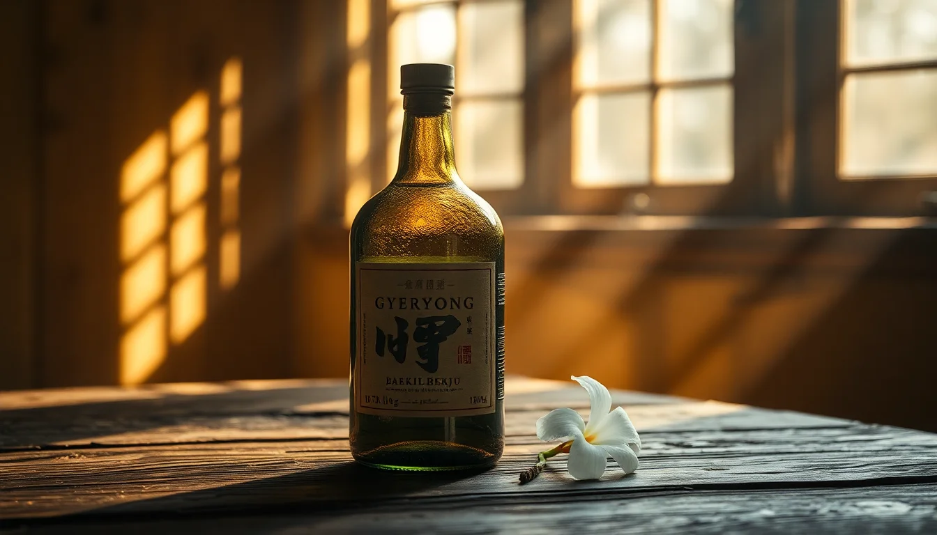 따뜻한 햇살이 비추는 나무 테이블 위, 백일주 병과 하얀 꽃