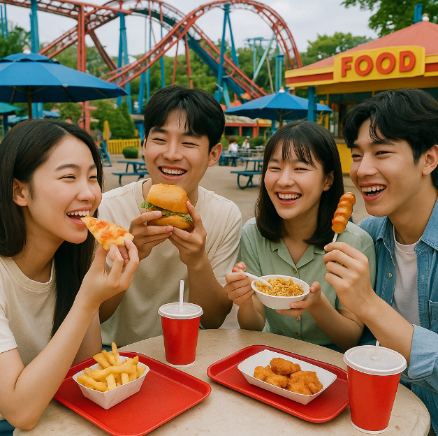 친구들과 경주월드에서 맛있는 음식 먹고 있는 사진