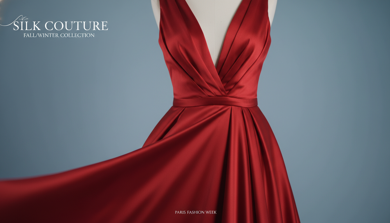 우아한 실루엣이 돋보이는 고급스러운 레드 실크 소재의 디테일과 브이넥 라인