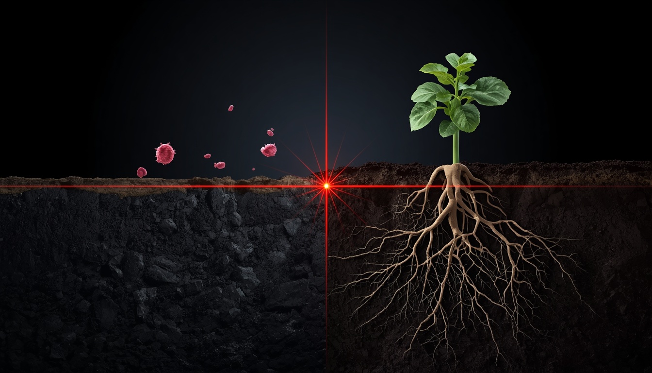 3D medical visual metaphor showing targeted therapy hitting surface cells while residual roots stay hidden underneath