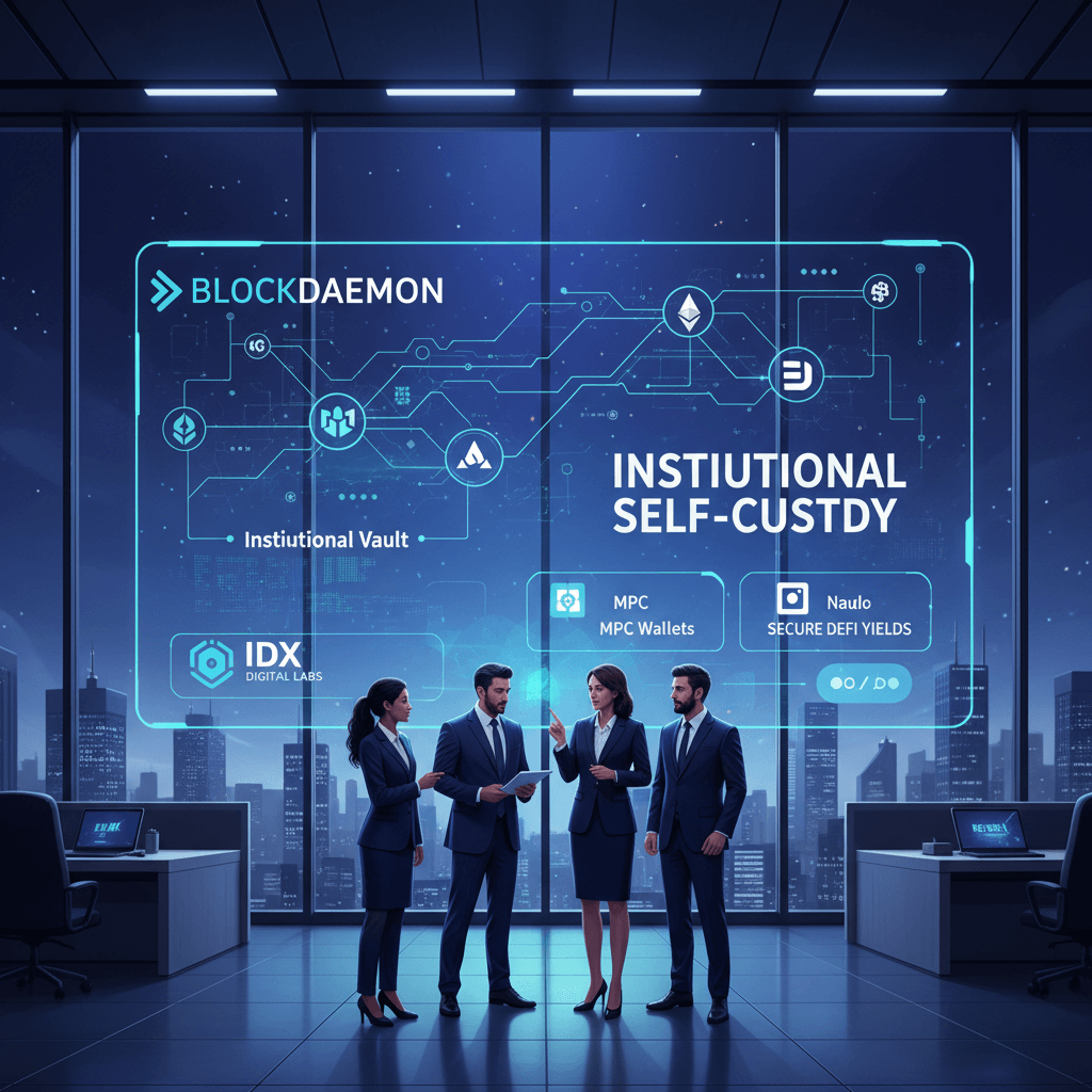 야경이 보이는 사무실에서 네 명의 비즈니스맨이 'BLOCKDAEMON 기관 셀프 커스터디' 홀로그램 화면을 보고 있다.