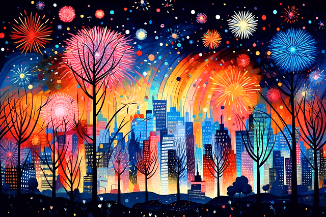 밤하늘에 화려한 불꽃놀이가 펼쳐진다. 건물들 위로 붉은 불꽃, 분홍, 하늘색, 노란색 불꽃들이 화려하게 펼쳐진다.