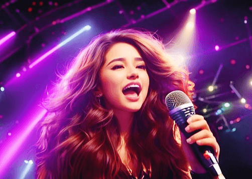 긴 갈색 파마머리를 한 젋은 여자 가수가 마이크를 잡고 노래를 부르고 있다. 무대 위에는 보라빛 조명이 비추고 있다.