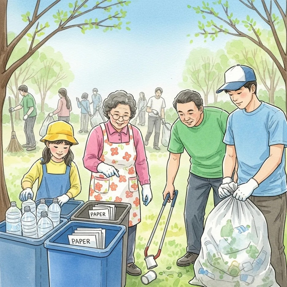 다양한 사람들이 함께 환경 보호 활동에 참여하는 모습.