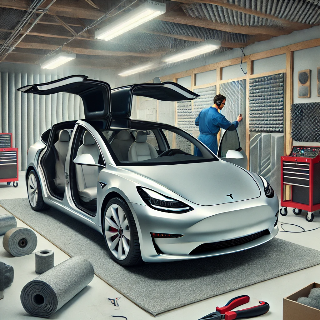 방음 작업 중인 테슬라 모델Y의 작업 현장