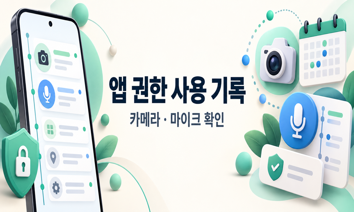 스마트폰의 카메라·마이크 권한 사용 기록과 시간대를 확인하는 개인정보 대시보드 안내 삽화