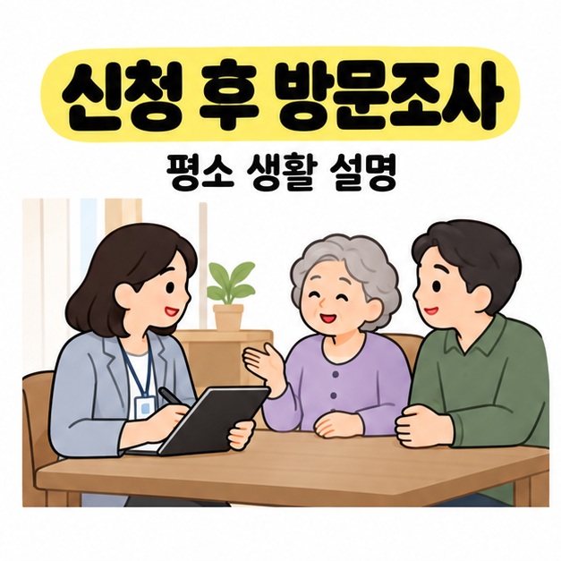 가정에서 노인과 가족이 방문조사자에게 평소 생활 상태를 설명하는 상담 장면