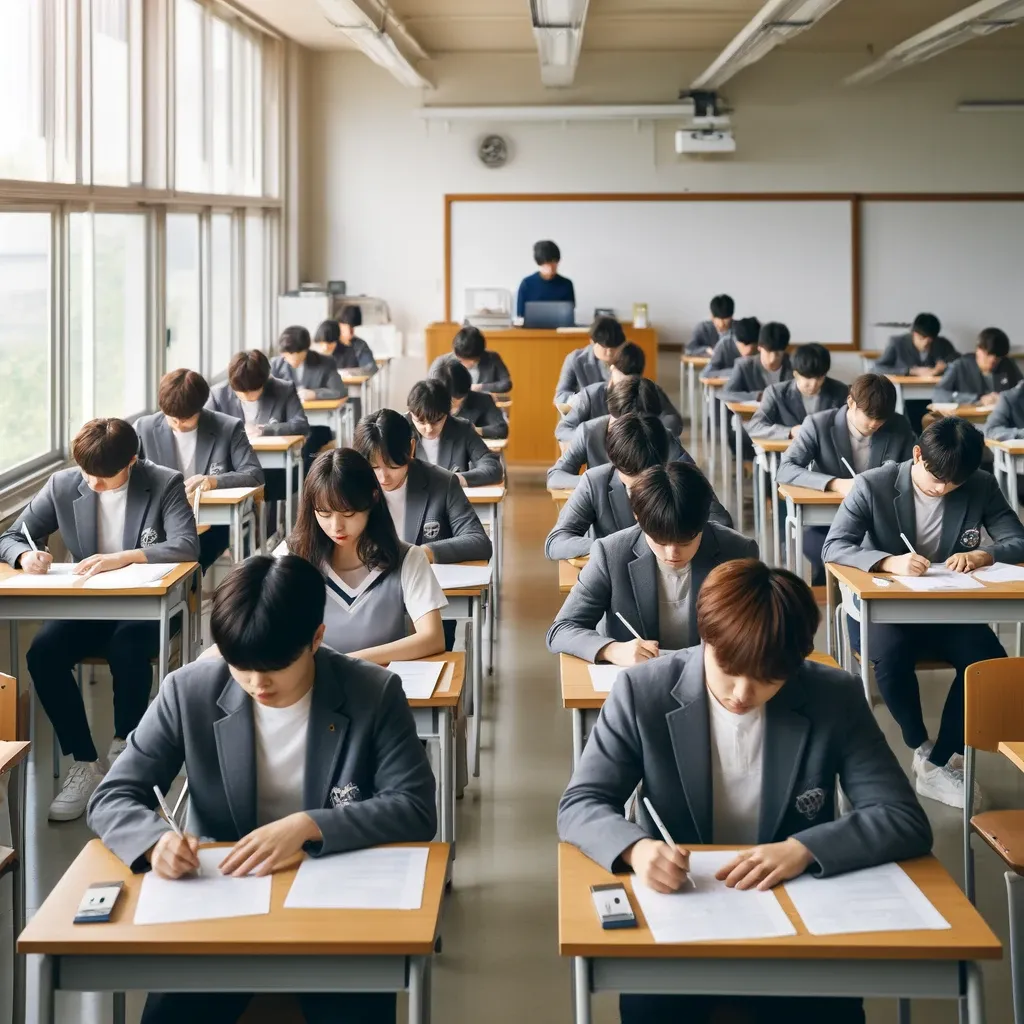 수능 시험을 치르는 여러 학생들이 교실에서 시험에 집중하는 장면