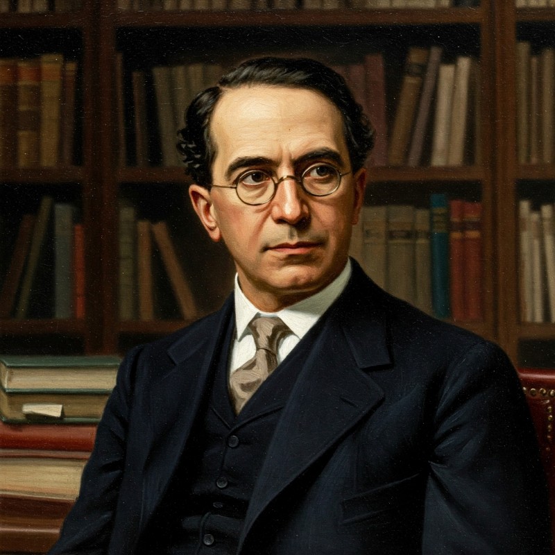 빌프레도 파레토 유화 초상화. 책장을 배경으로 안경을 쓰고 검은색 양복을 입고 있다.