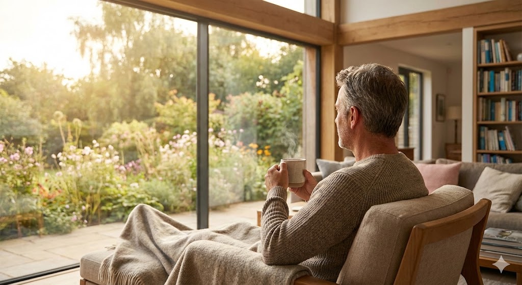따뜻한 햇살이 비치는 거실에서 여유롭게 차를 마시는 아빠의 뒷모습