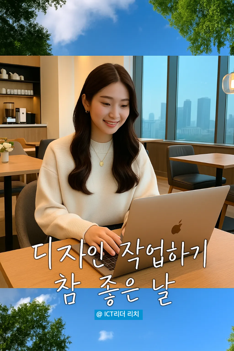 프리미엄 카페에서 노트북으로 디자인 작업을 하고 있는 환하게 웃는 20대 여성