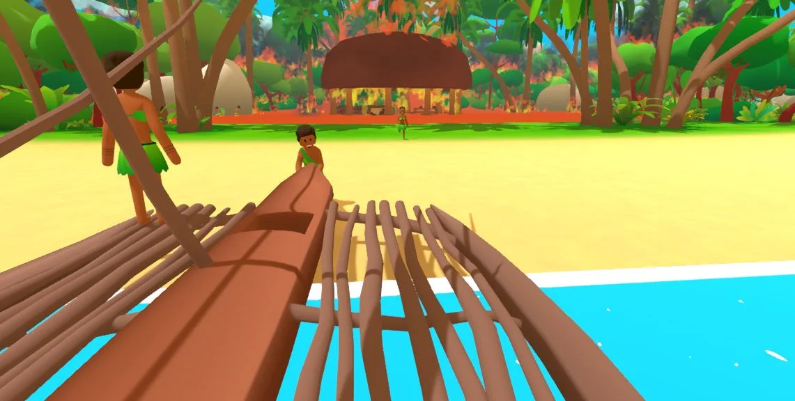 파인애플-온-피자-불로부터-대피하기-위해-뗏목을-밀면서-바다로-도망친다.