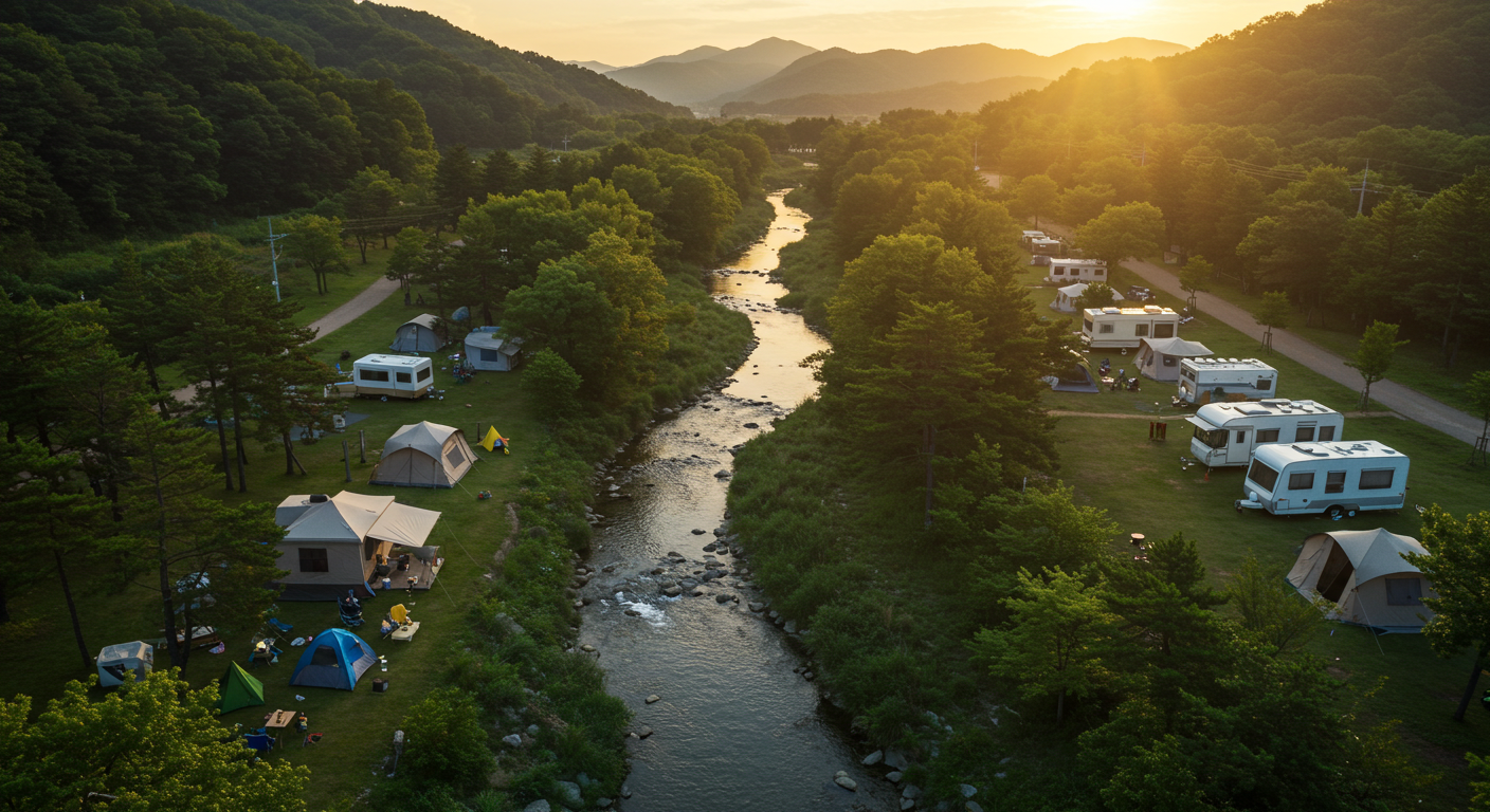 홍천의 계곡, 숲, 강변이 어우러진 다양한 캠핑 풍경을 보여주는 항공 사진