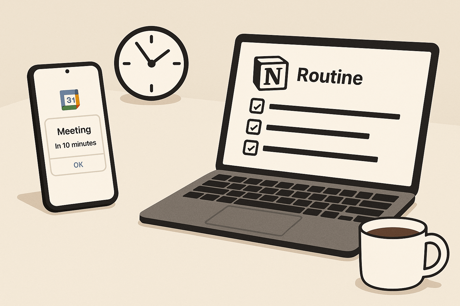 미니멀한 책상 위 스마트폰과 노트북이 있는 디지털 작업 공간 일러스트. 스마트폰 화면에는 Google 캘린더 알림이, 노트북에는 Notion 루틴 체크리스트가 표시됨. 커피 잔과 시계가 생산성을 상징.