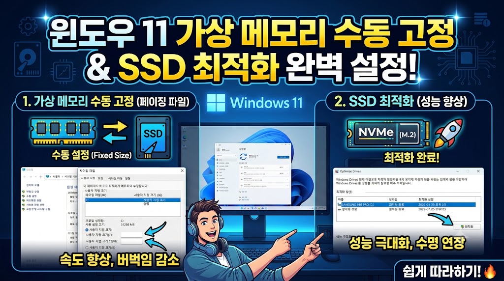 윈도우 11 시스템 속성 내 가상 메모리 페이징 파일 크기 변경 화면