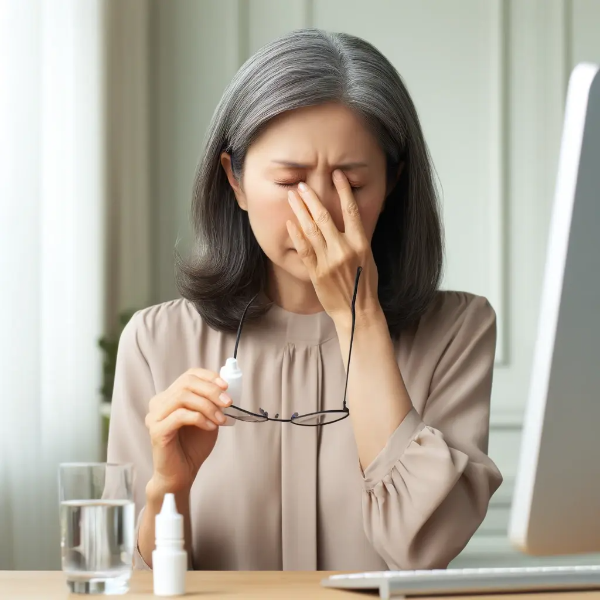 컴퓨터 앞 책상에 앉아 눈을 비비며 피로한 표정의 동양인 중년 여성