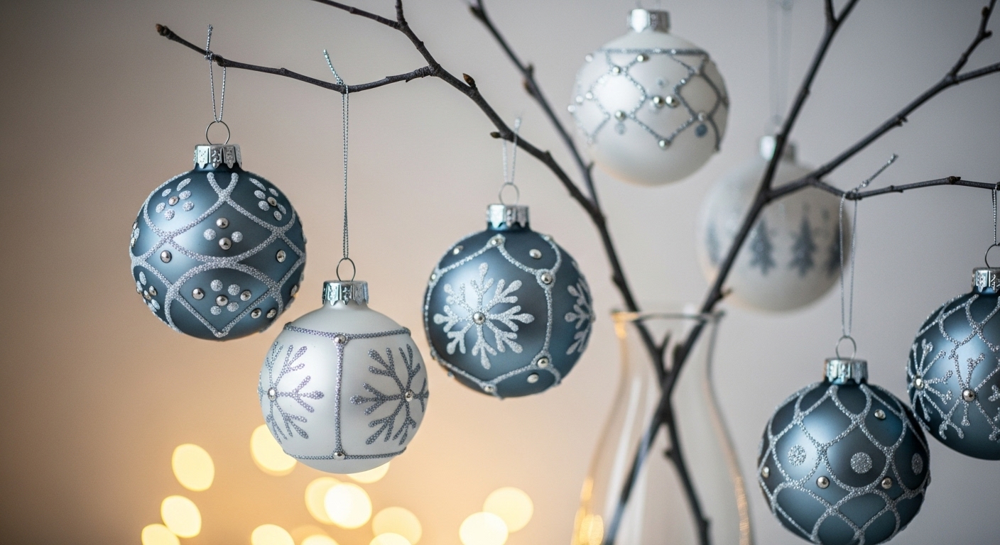 블루-그레이 색상의 미니 오너먼트들이 걸린 나뭇가지 장식 클로즈업